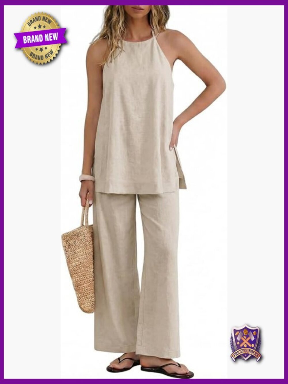 Womens Linen 2 Piece Outfit Halter Top Wide Leg Pants Set